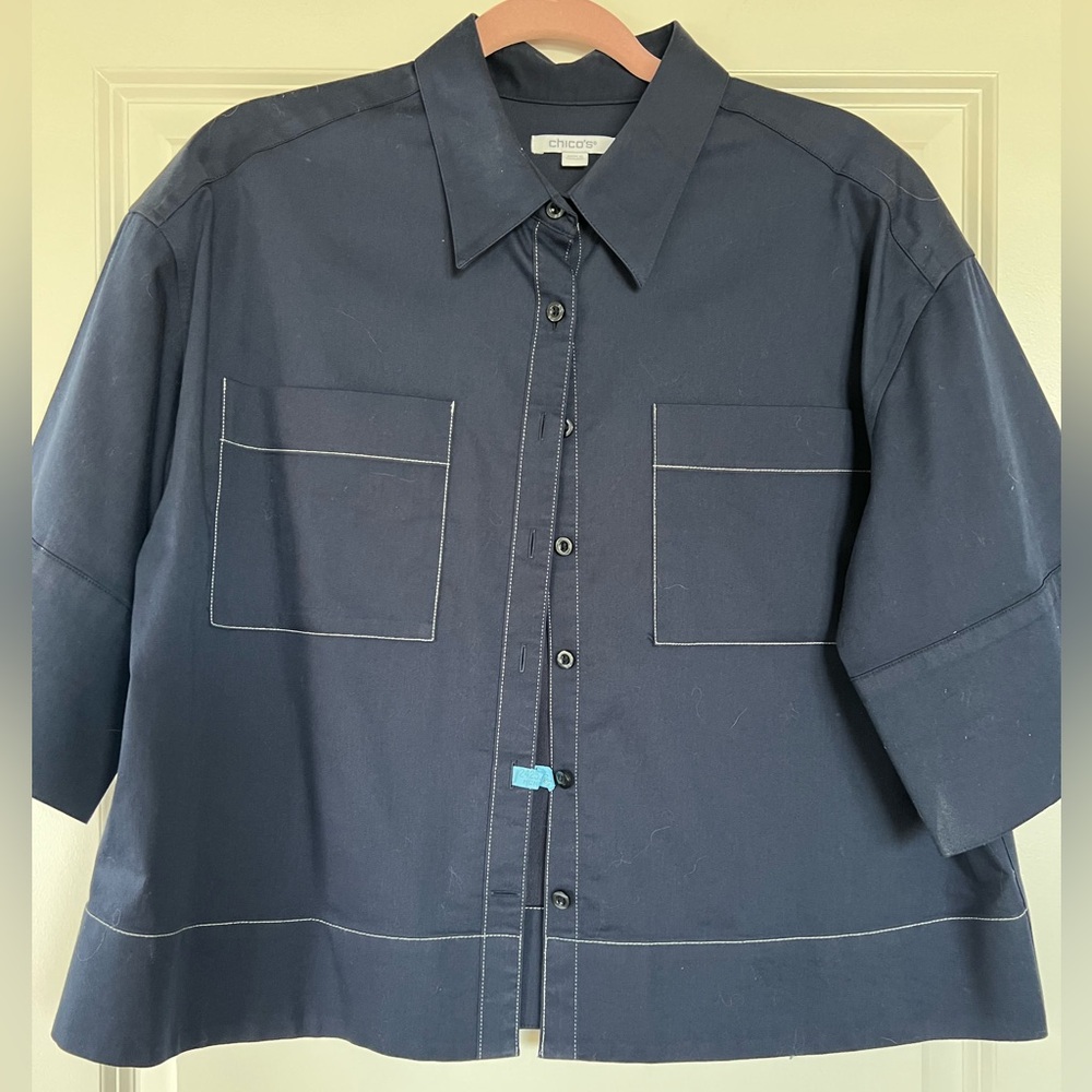 Chico's Navy Short-Sleeve Button-Front Shirt with Contrast Stitching